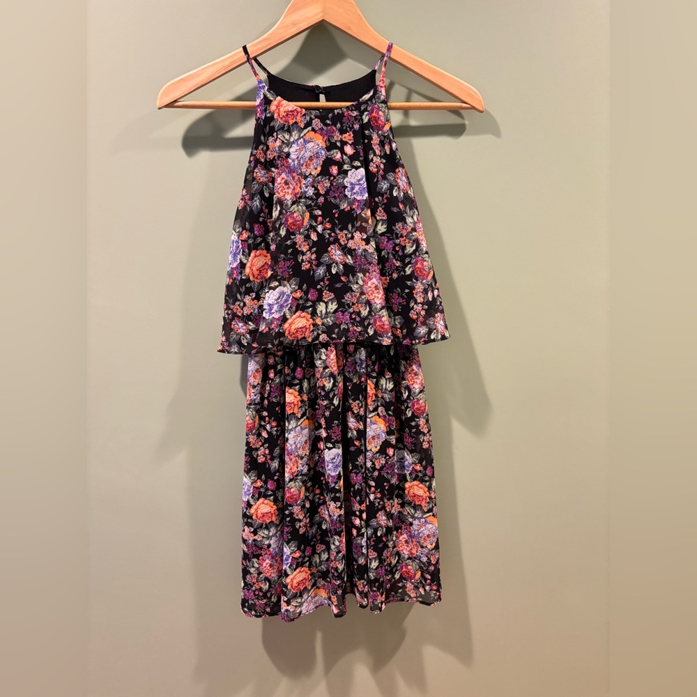 AQUA - Bloomingdale’s Floral Black tiered halter style dress